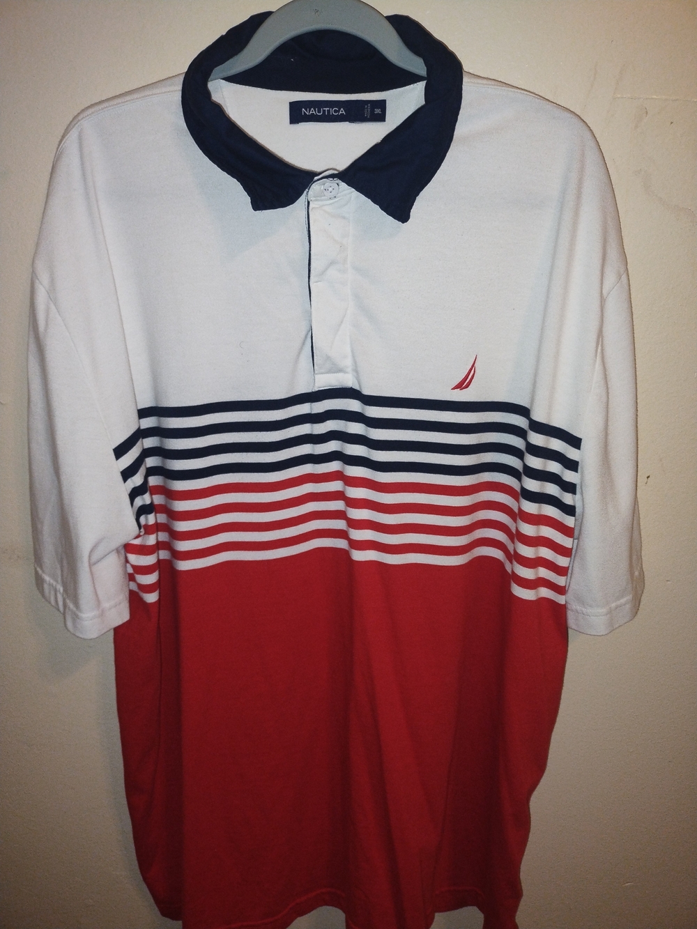 Nautica White, Navy & Red Striped Polo Shirt
